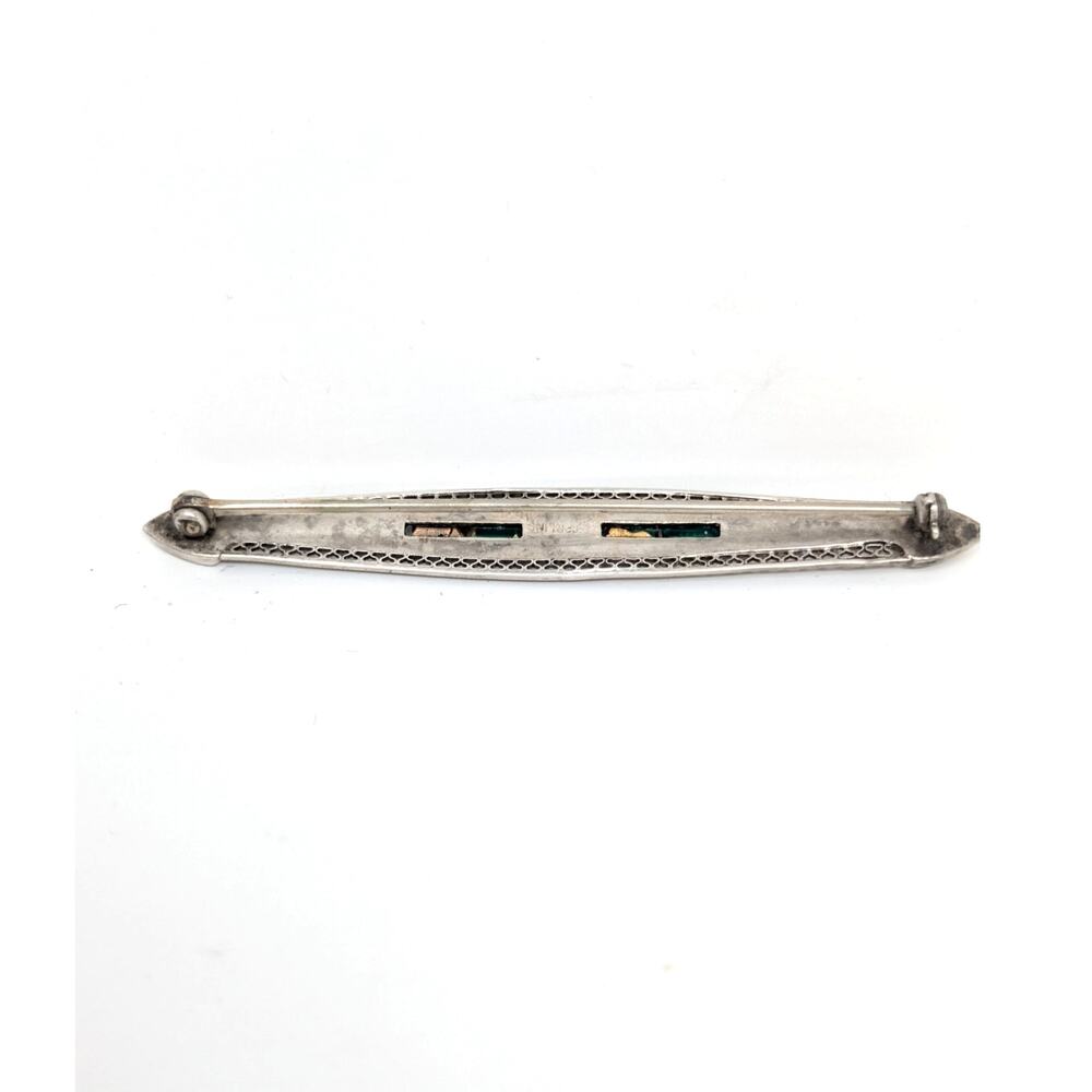 Vintage Art Deco Sterling Silver Green Baguette Rhinestone Bar Brooch - Picture 3 of 13